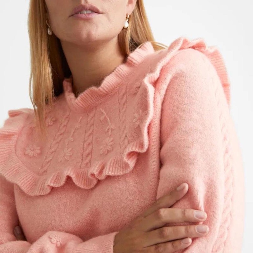 & Other Stories Ruffle Knit Embroidered Wool Sweater